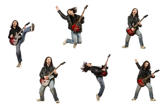 Funny guitar player isolated on white