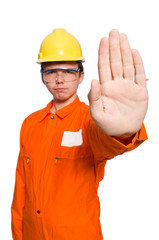 Man in orange coveralls isolated on white