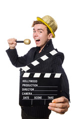 Funny man with movie clapboard