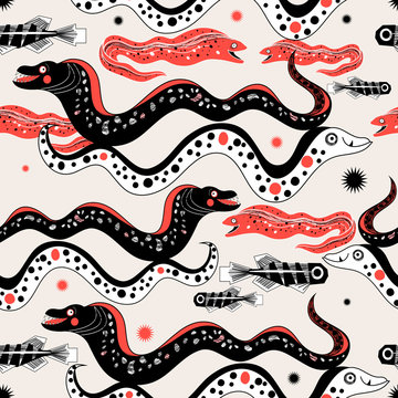 Seamless pattern with funny Moray eels