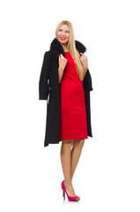 Pretty blond woman in black coat isolated on white