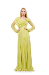 Young woman in elegant long green dress isolated on white