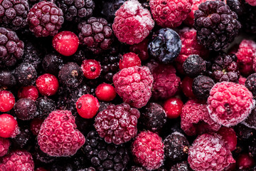 Frozen summer forest wild berries fruits, full frame background