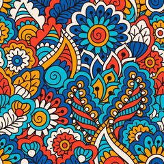 Hand drawn seamless pattern with floral elements. Colorful ethnic background.