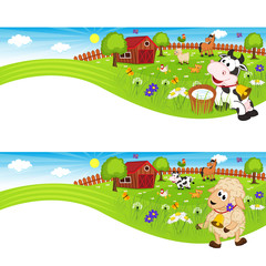 two banners with farm animals in barnyard - vector illustration, eps
