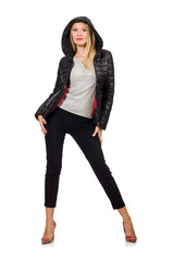 Fototapeta premium Caucasian woman wearing black jacket isolated on white