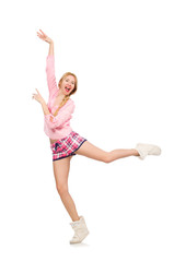 Pretty smiling girl in pink jacket isolated on white