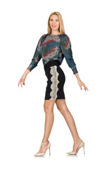 Tall model in black skirt isolated on white