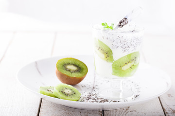 Yogurt,homemade, kiwi, Chia seeds and mint. Healthy Breakfast.selective focus.
