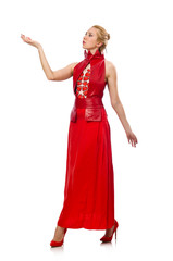 Fototapeta premium Blond hair model in dress with pomegranate isolated on white