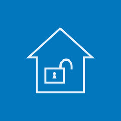 House with open lock line icon.