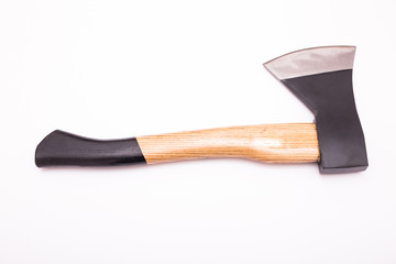 Small hand axe with wooden black handle isolated on white background