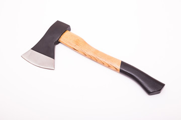 Small hand axe with wooden black handle isolated on white background