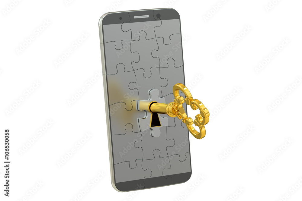 Poster smartphone with key, 3d rendering