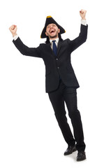 Young businessman wearing tricorn isolated on white