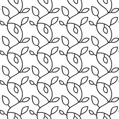 Vector seamless pattern. Linear graphic design. Floral linear background. Stylized branches with leaves. 