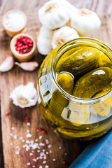 Pickled gherkins in jar, fermented food
