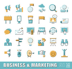 Set of flat line business and marketing icons. Collection of premium quality icons for advertising and communication. Vector illustration.
