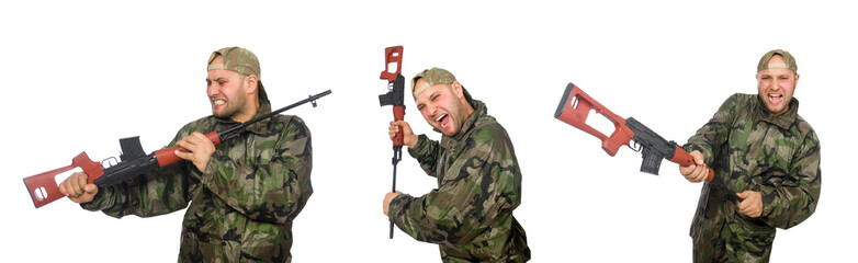 Fototapeta premium Soldier with sniper rifle isolated on white