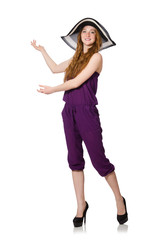 Pretty romantic girl in purple overalls isolated on white