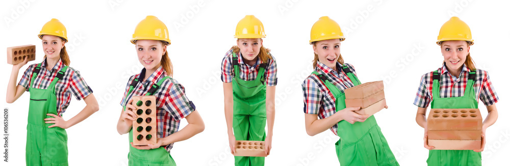 Wall mural Woman with bricks isolated on white