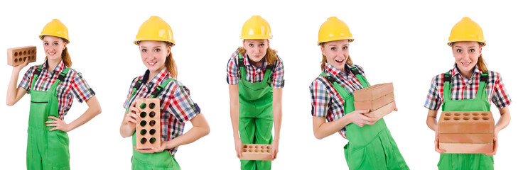Woman with bricks isolated on white