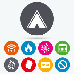 Tourist camping tent sign. Fire flame icons.