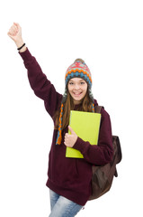 Smiling student with backpack and book isolated on white