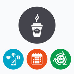 Coffee glass sign icon. Hot coffee button.