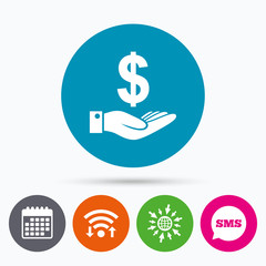 Dollar and hand sign. Palm holds money USD.