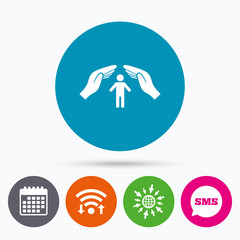 Human life insurance sign icon. Hands protect.