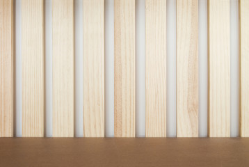 lath shelves, wood table