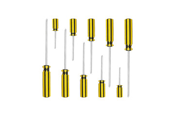 many sizes of yellow and black screwdriver placed interlace