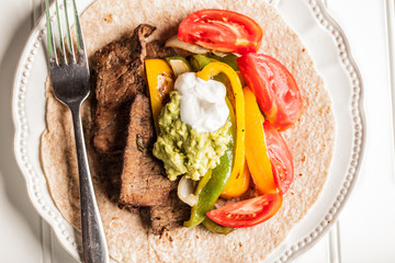 Top view of fresh homemade steak fajitas