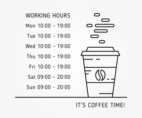 Coffee time working hours linear vector illustration on grey background. Coffee store (house, shop) hours of operation creative graphic concept. Graphic design template for restaurant, cafe, banner.
