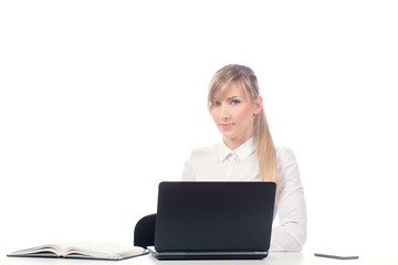 business woman working at a laptop, isolate