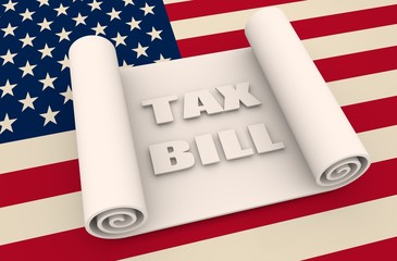 Paper scroll on background textured by USA flag. Tax bill text