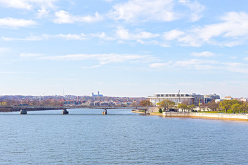 Panoramic view over Potomac river in Washington DC. The Key Bridge and Kennedy Center for the Performing Arts in spring.