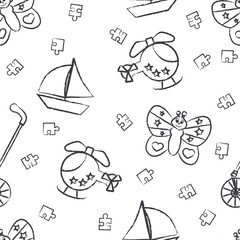 Seamless pattern children's black felt-tip pen drawings on white background. Hand-drawn style. Seamless vector wallpaper with the image Rolling toys, butterfly, helicopter, boat, puzzle