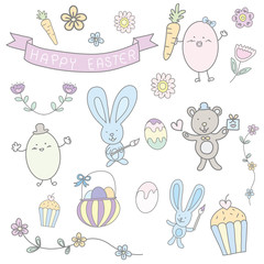 happy easter hand drawn cute pastel set vector