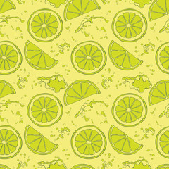 Lemon. Juicy fruit. Fruit splashes and drops. Spots juice. Vector seamless pattern (background).