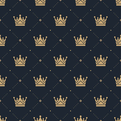 Seamless pattern in retro style with a gold crown on a blue background. Can be used for wallpaper, pattern fills, web page background,surface textures. Vector Illustration.