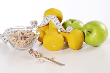  healthy lifestyle concept ,healthy breakfast with weight and green apple