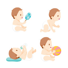 Baby Crawling, Playing And Sucking Baby Bottle, Set, Baby, Infant, Toddler, Crawling, Playing 