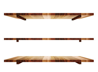 Empty wooden shelfs in 3 angle view isolated on white background