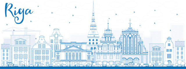 Naklejka premium Outline Riga Skyline with Blue Landmarks.