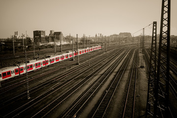 Fototapeta na wymiar red train with black and white background