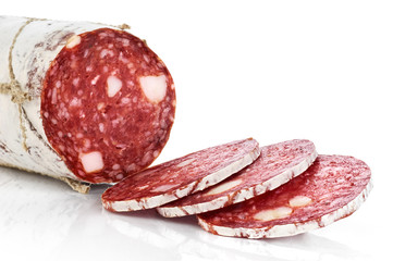Dried salami with white mold isolated on white background.