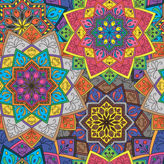 Seamless round pattern for printing on fabric or paper. Hand drawn background. Colored indian ornament. Vector illustration. Elements for your design.  
