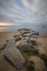 Gdynia Orlowo pier. Vintage photo of Baltic sea shore seascape.